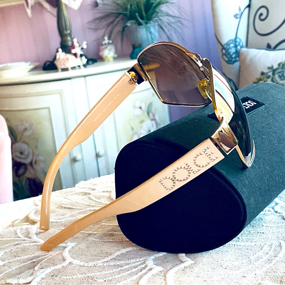 Dolce & Gabbana Beige and Gold Crystal Logo Oversized Sunglasses